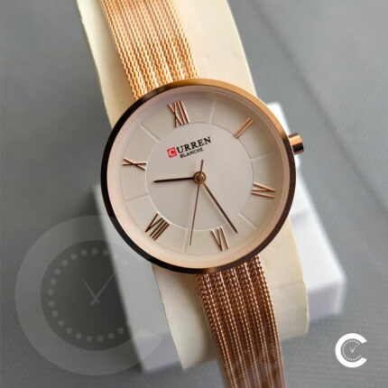 Curren 9020 Rose Gold Mesh Chain White Roman Dial Watch